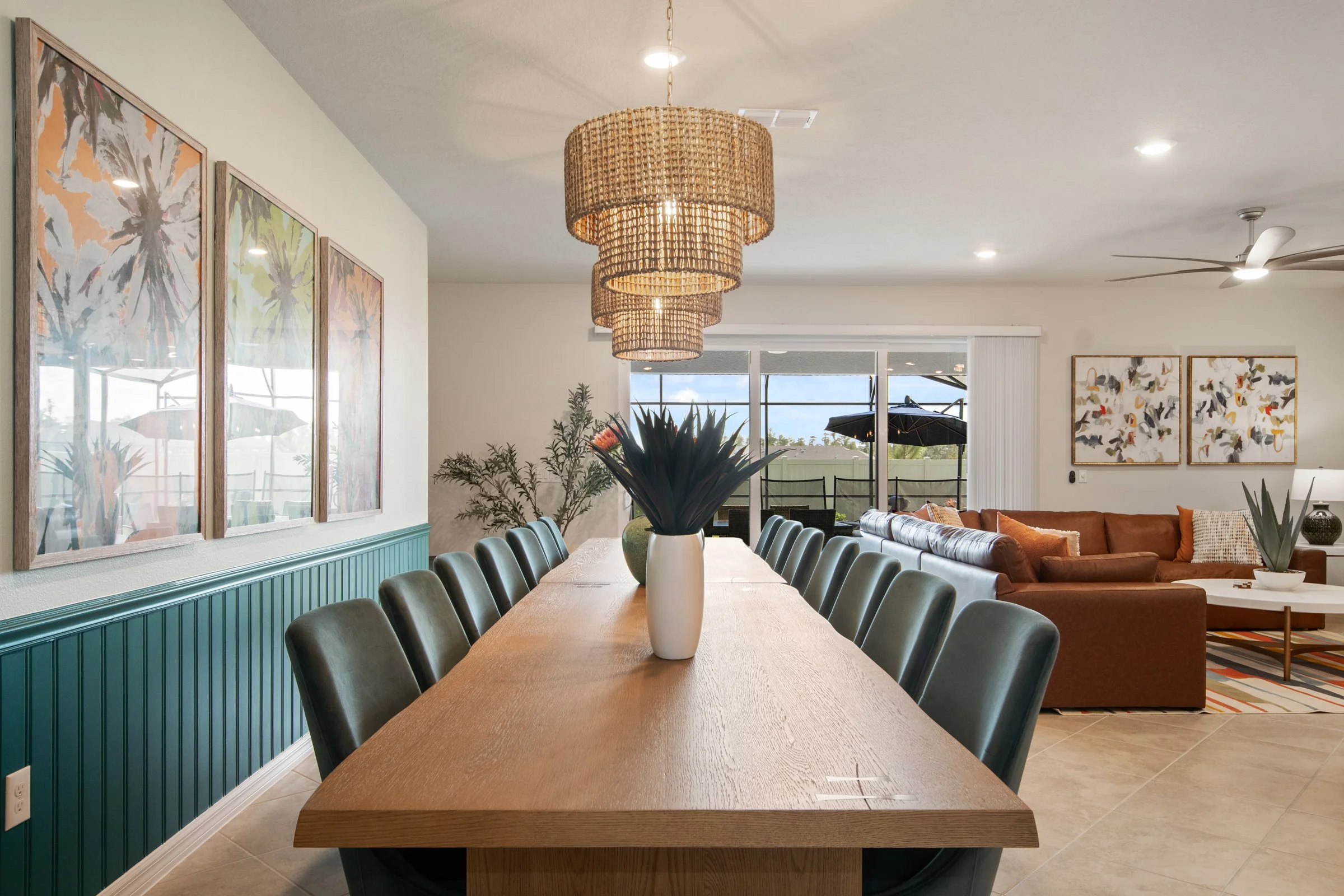 Spacious dining for large parties in a private villa in Windsor Cay Resort near Orlando, Disney, and Universal Studios. Great for large parties and families; a 10-bedroom, 8-bath home with private pool and spa.