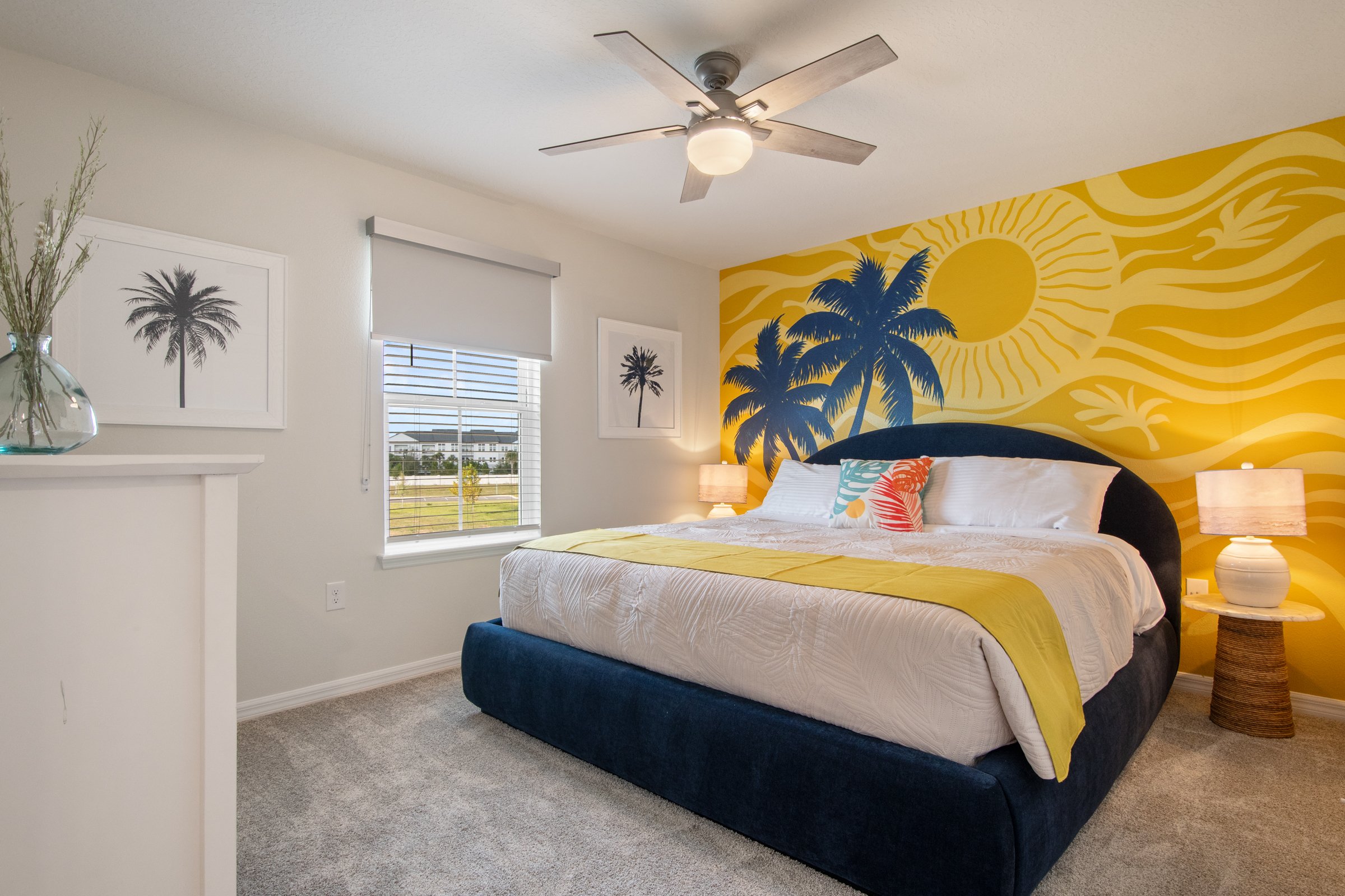 Luxury private villa in Windsor Cay Resort near Orlando, Disney, and Universal Studios. Tropical boho themed bedroom, TVs in every bedroom, spacious living, 10-bedroom, 8-bath home with private pool and spa.