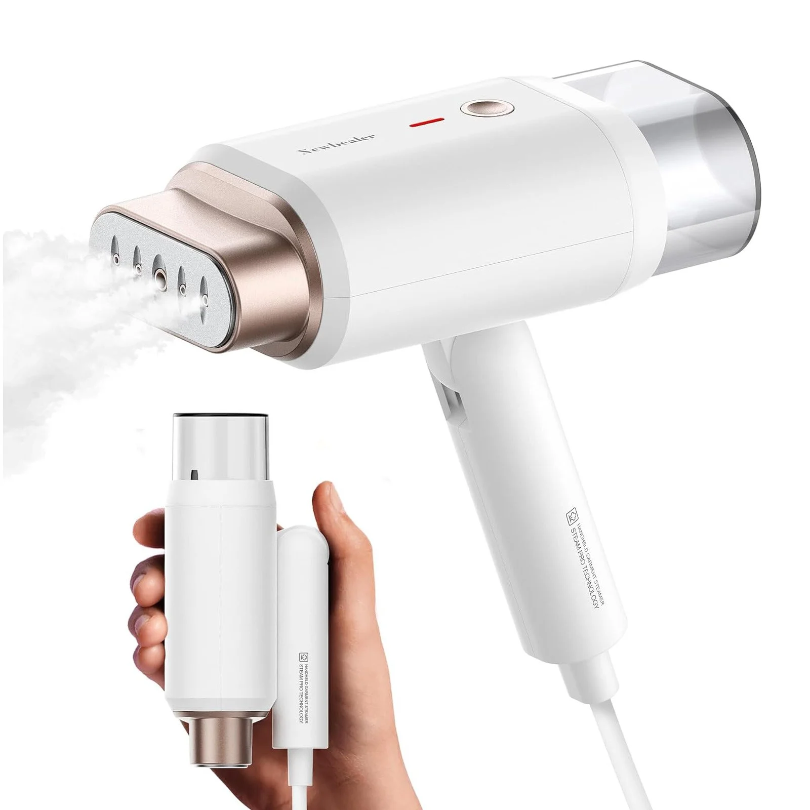 A handheld steamer with a large white body, a silver steam nozzle releasing steam, and a removable water tank held in a person's hand.