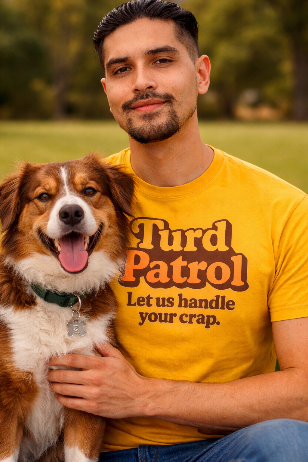 Cartoon illustration of a dog wearing sunglasses, sticking out tongue, with a pile of poop behind it, on a yellow background.
