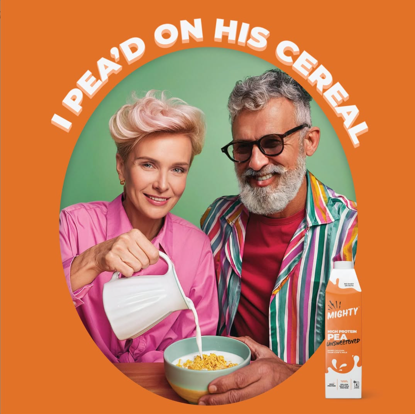 A cheerful elderly couple is pouring milk from a white pitcher into a bowl of cereal. The woman has short, pastel pink hair and is wearing a pink shirt, while the man has gray, curly hair, a beard, and is wearing glasses and a multicolored striped shirt. The background has a green circle, and the image is framed with an orange border. The text reads "I PEAK'D ON HIS CEREAL," and there is a carton of Mighty high protein pea milk on the right side of the image.