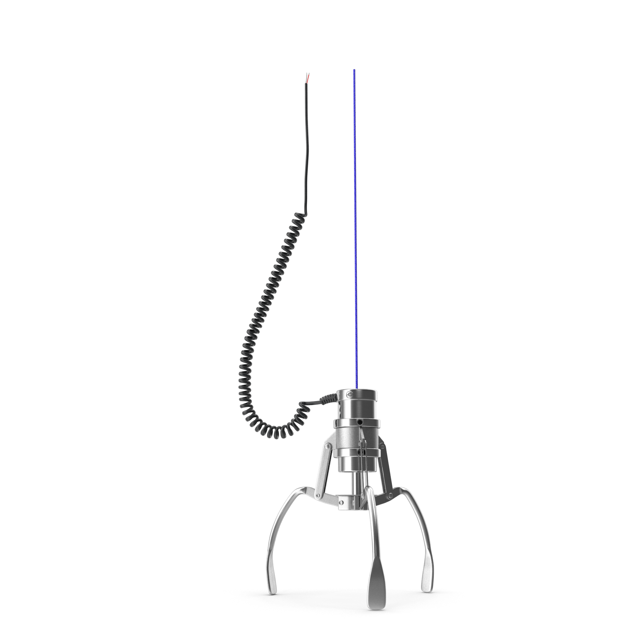 A metal tripod with an antenna connected to a black coiled cable and a blue wire, against a black and white background.