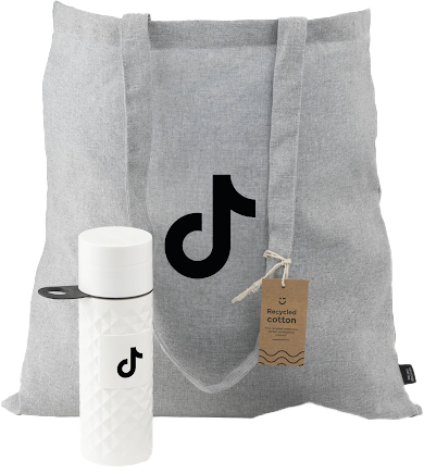 A reusable cotton tote bag with a TikTok logo and a white water bottle with a textured grip pattern.