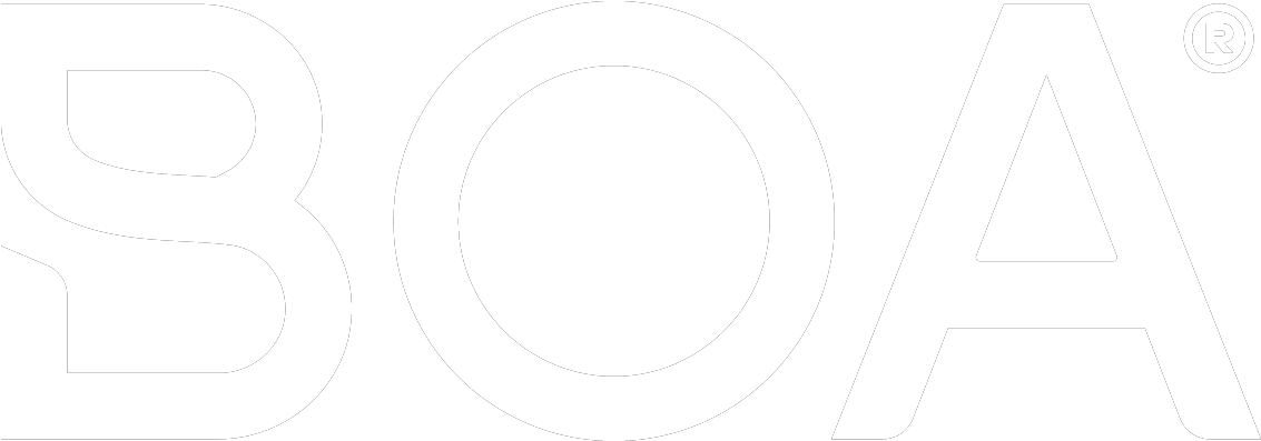 Close-up of a black background with the white B OA logo and a registered trademark symbol.