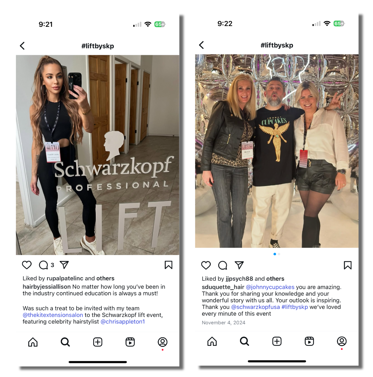 Two Instagram posts about a Schwarzkopf professional event. The first features a woman taking a mirror selfie, and the second shows three people posing against a metallic backdrop, smiling and making peace signs.