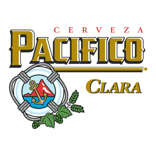 The image features a logo for 'Pacífico Clara,' including stylized text and a circular emblem with an anchor, a red mountain, and green leaves.