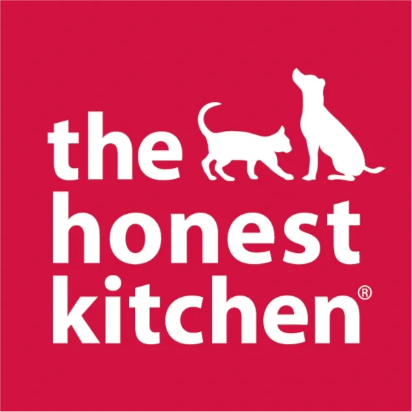 Logo for 'The Honest Kitchen' with a silhouette of a cat, a dog, and a rabbit on a red background.