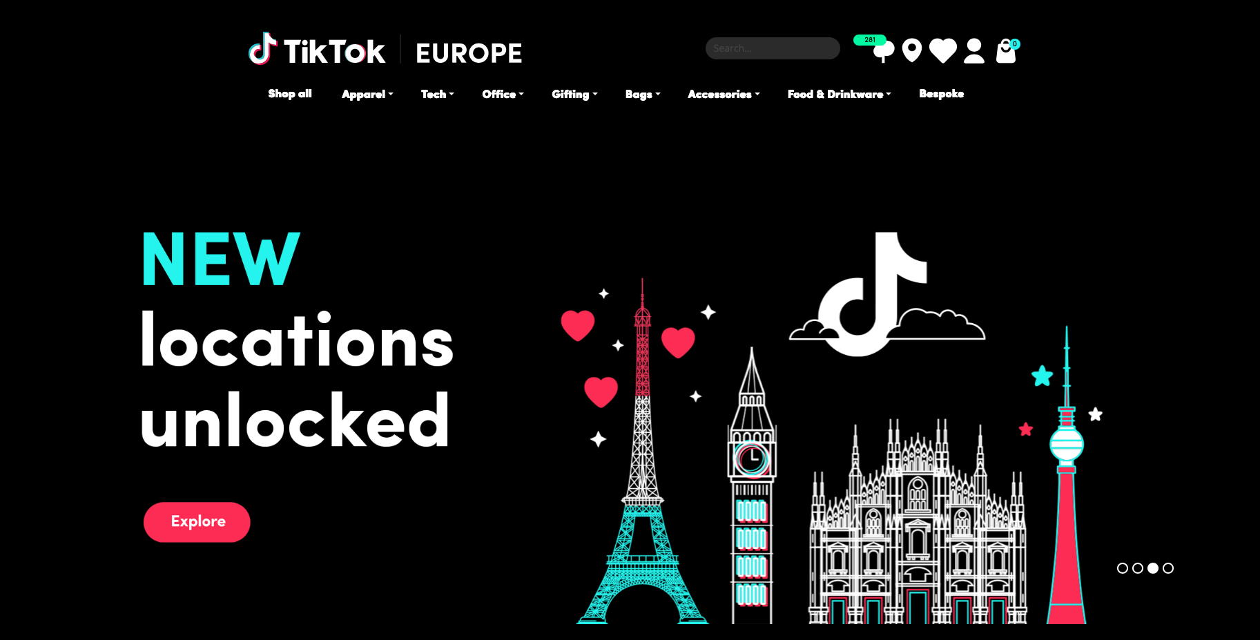 TikTok Europe webpage showcasing unlockable new locations across Europe, featuring stylized illustrations of iconic landmarks like the Eiffel Tower, Big Ben, the Milan Cathedral, and the Berlin TV Tower on a black background with colorful accents.