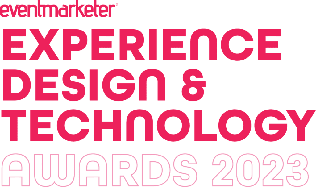 Event Marketer Experience, Design & Technology Awards 2023 logo with event name and year in pink on black background.