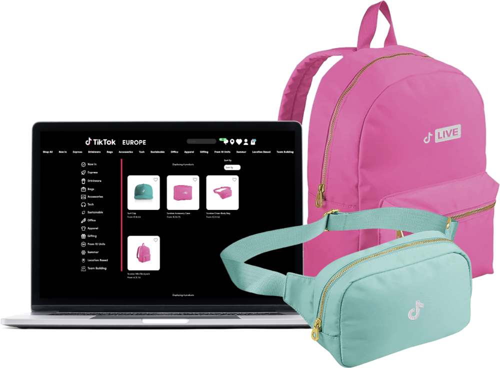 Laptop displaying TikTok Europe online store with pink and blue accessories, including backpacks and a waist bag, placed next to each other.
