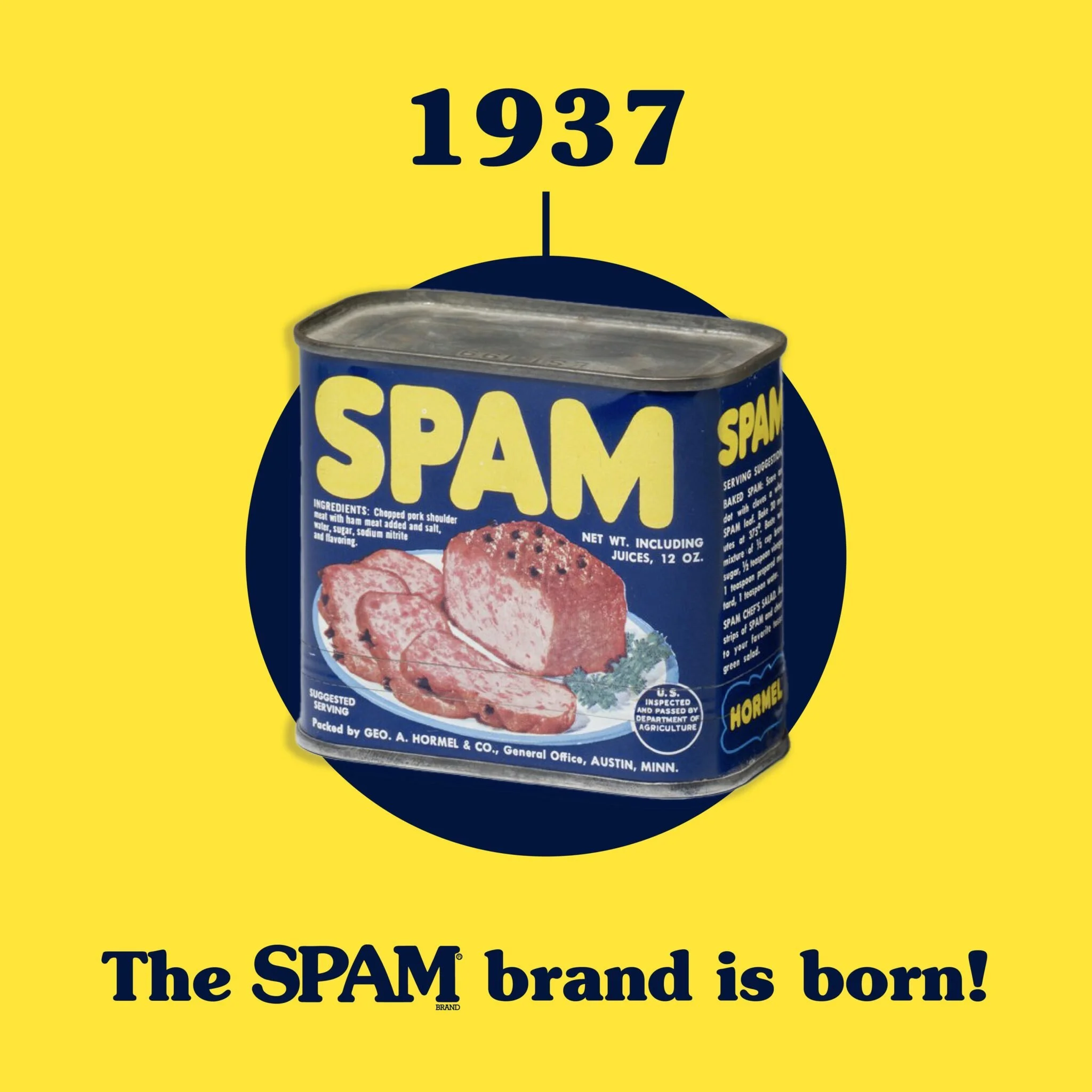 A vintage advertisement featuring a can of SPAM meat with a yellow background and the text 'The SPAM brand is born!' above. The year 1937 is shown above the can.