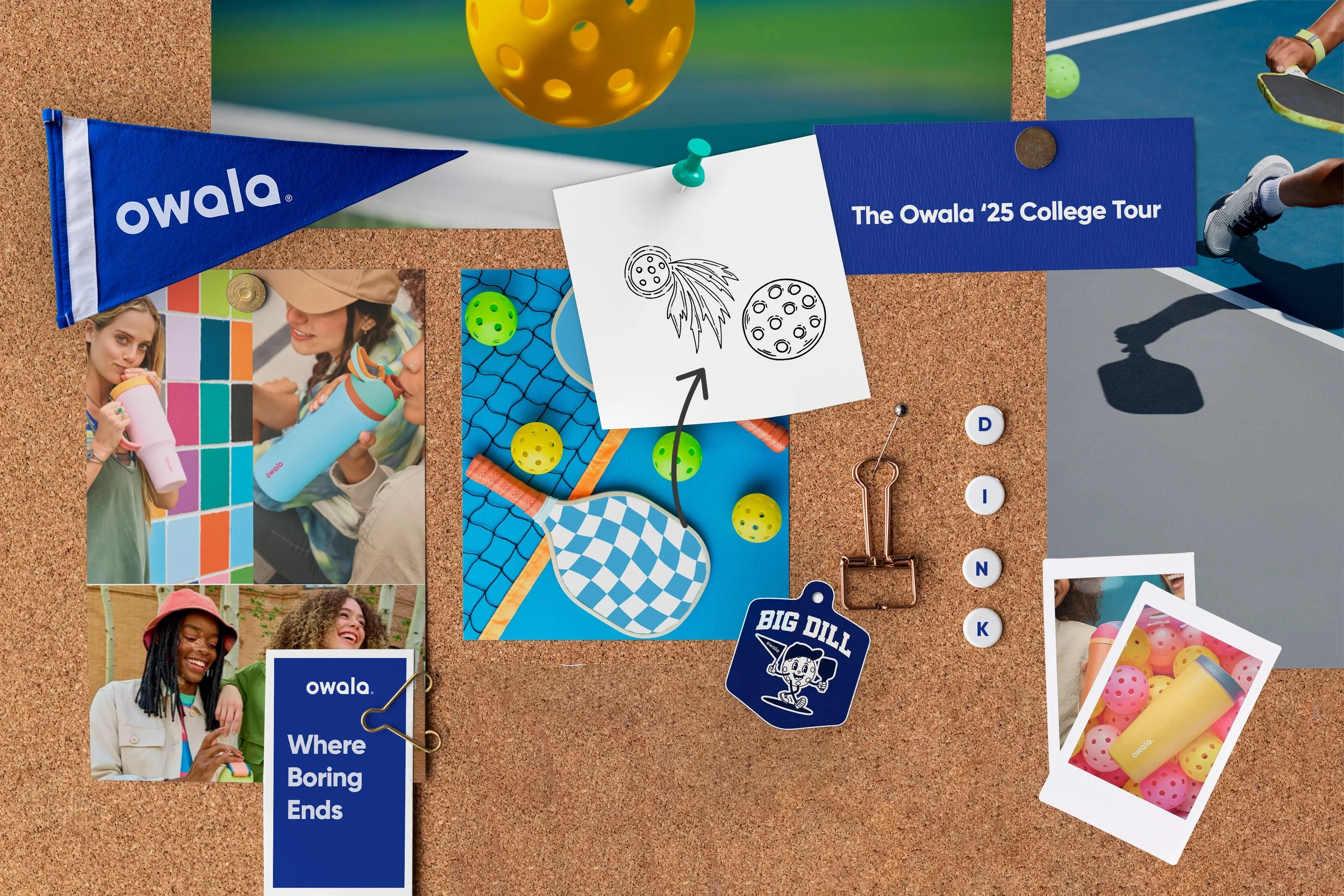 Corkboard with photos of people drinking and holding water bottles, a blue Owala branded pennant, a tag reading 'Where Boring Ends,' a sketch of bowling balls and pins, a photograph of colorful balls and a yellow water bottle, a small blue sticker reading 'BIG DILL' with a skateboard illustration, and a polaroid of a yellow water bottle surrounded by pink and yellow balls.