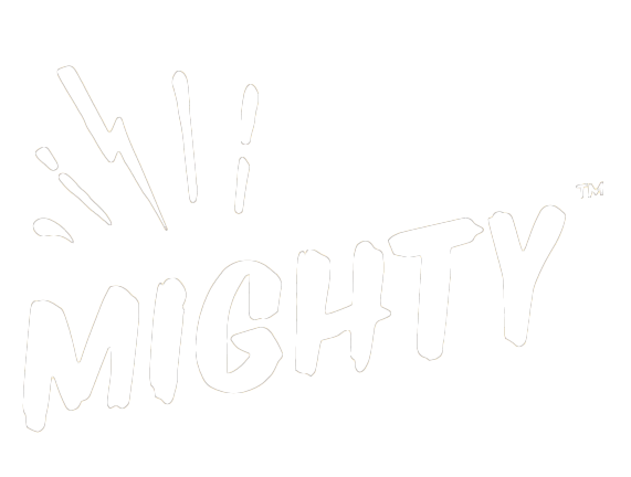 The word 'MIGHTY' in bold white letters with bright lines and lightning bolt accents on a black background.