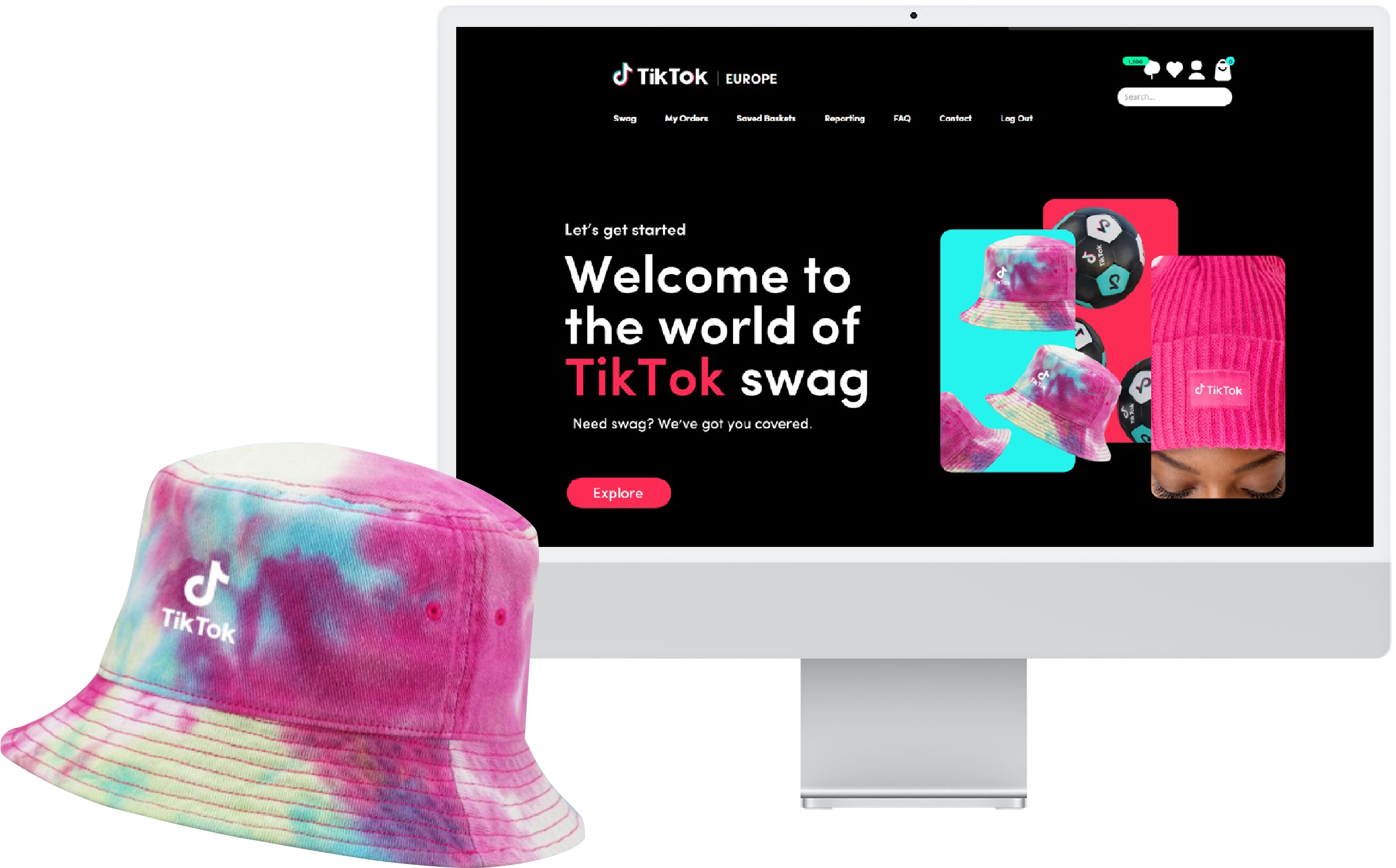 A computer screen displaying a TikTok-themed online store homepage advertising TikTok swag, with a pink, blue, and yellow tie-dye bucket hat in the foreground.