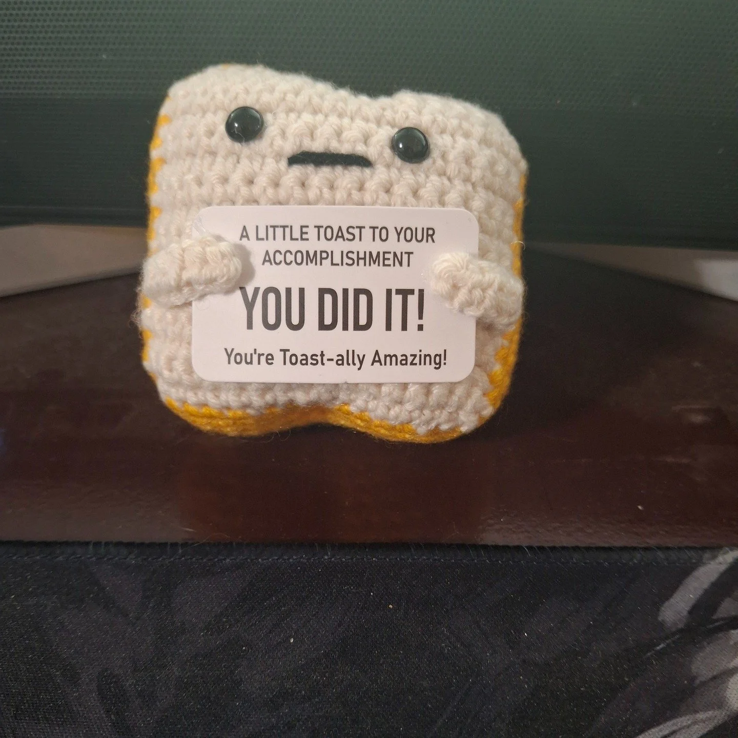 While I was sitting in my chair last night, I gazed at the small, crocheted toast that my wife had given me. It says, 'A Little Toast to Your Accomplishment.' You did it. It was a gift she had given me for my new job and my latest book. And a spark o