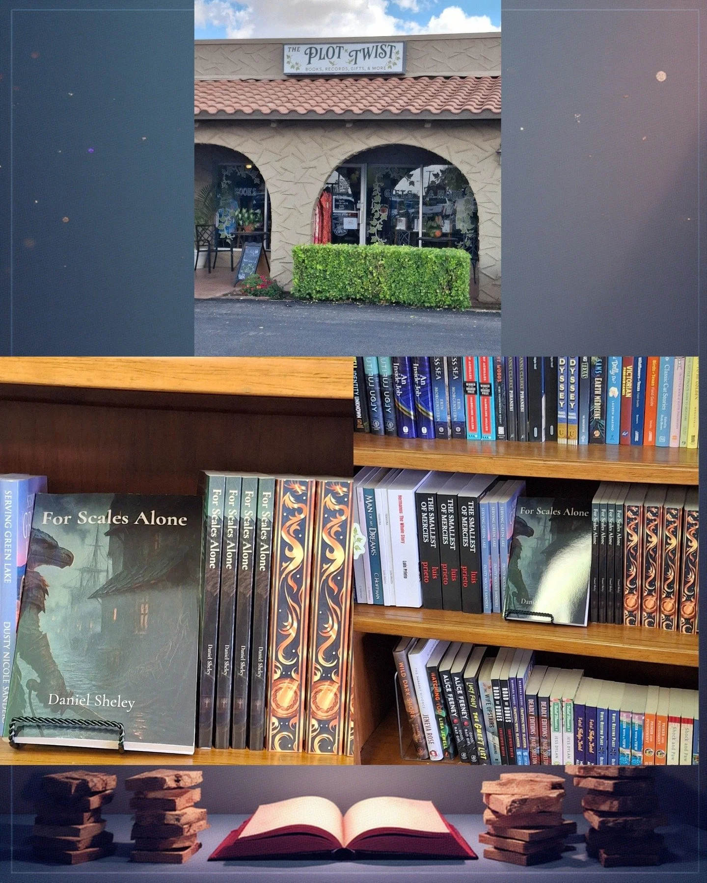 Big news.
For Scales Alone is now on the shelves at Plot Twist Books here in Midland.

On November 1st, I&rsquo;ll be there for a signing. If you&rsquo;re nearby, come by and say hello. We can talk stories, grief, dragons, or how writing can pull som