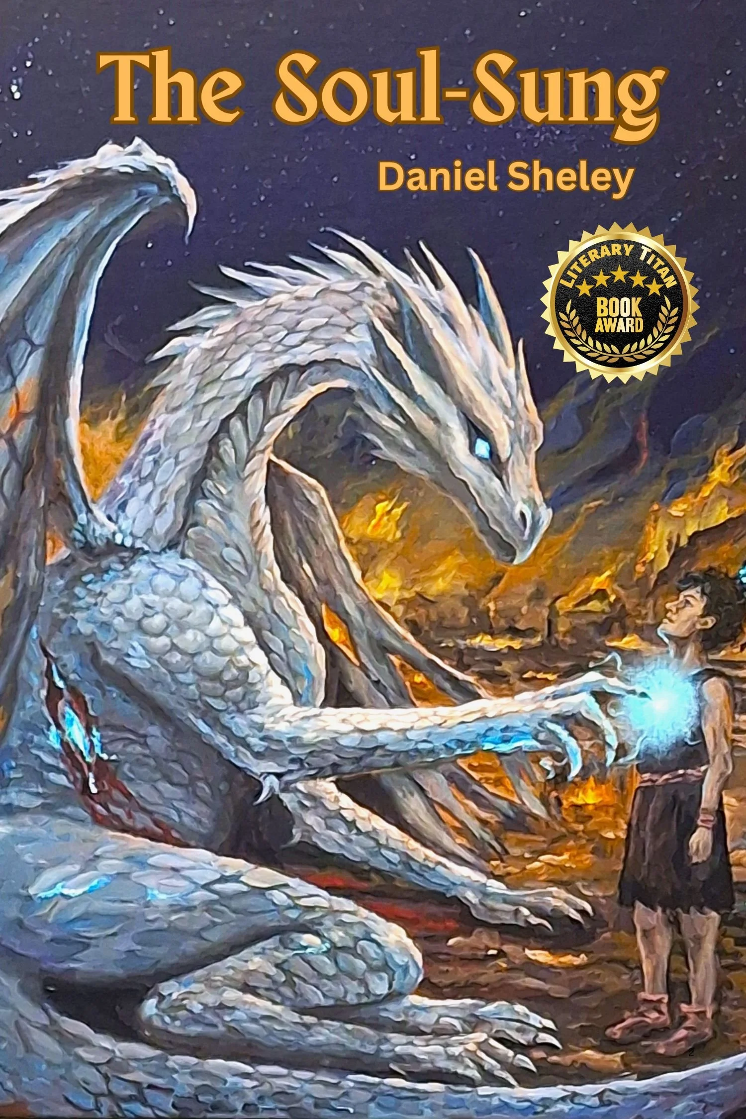A painting of a white dragon with blue eyes curled around a blue orb, set against a dark starry sky with what appears to be lava or fire at the base.