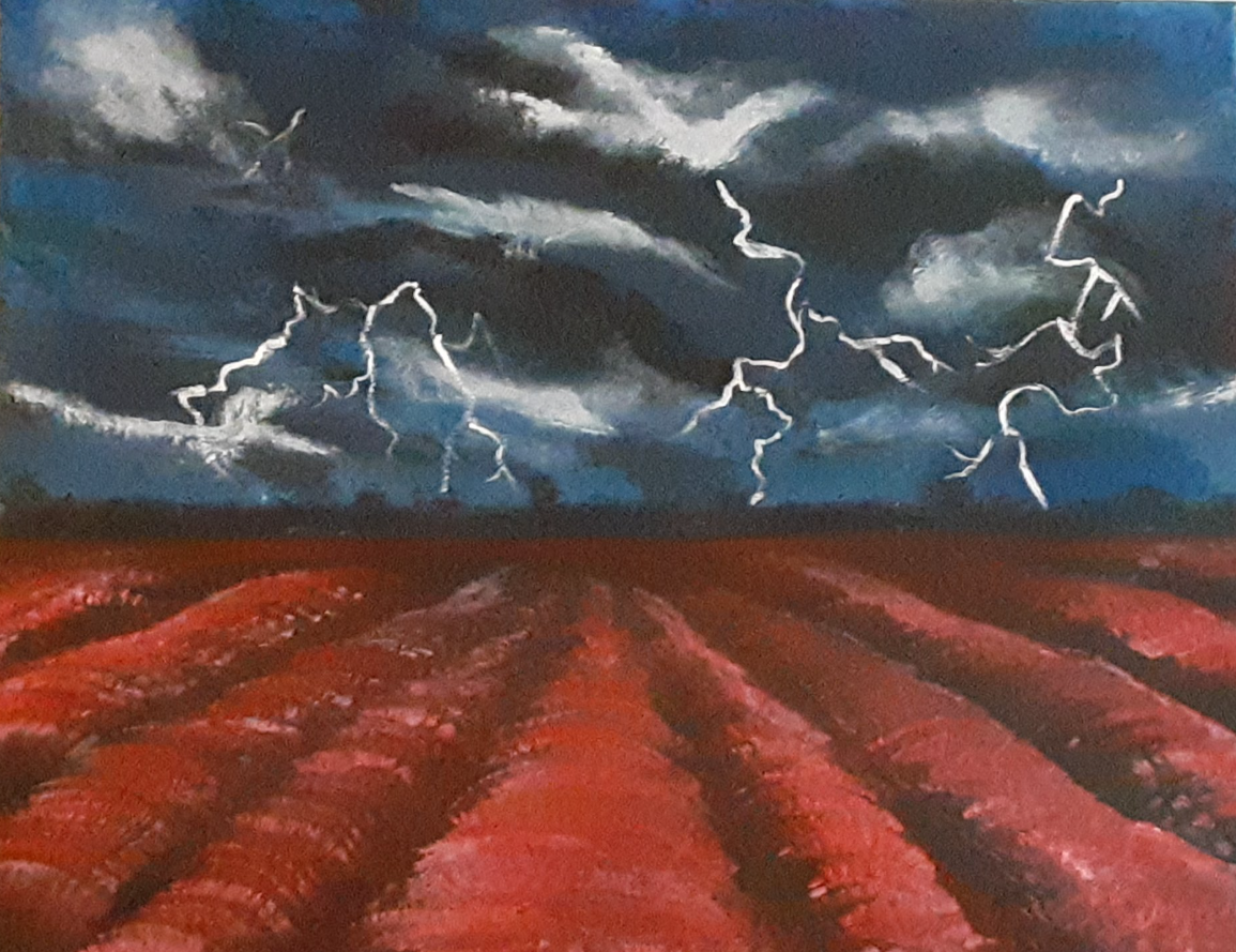 A painting of a field of red crops with a stormy sky filled with dark clouds and jagged lightning.