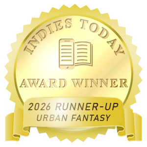 Gold award badge for Indies Today, with a book icon in the center, labeled 'Award Winner,' acknowledging the 2026 runner-up in Urban Fantasy.