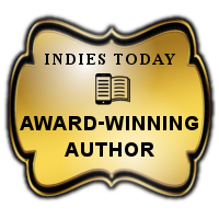 Gold badge with black border and a book icon, labeled 'Indies Today Award-Winning Author' in black text