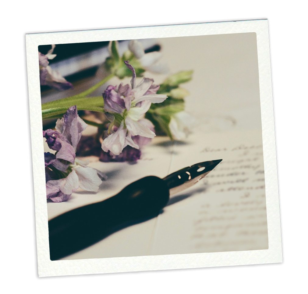 A close-up image of a fountain pen, some purple and white flowers, and handwritten text on paper, with a Polaroid-style border against a black background.