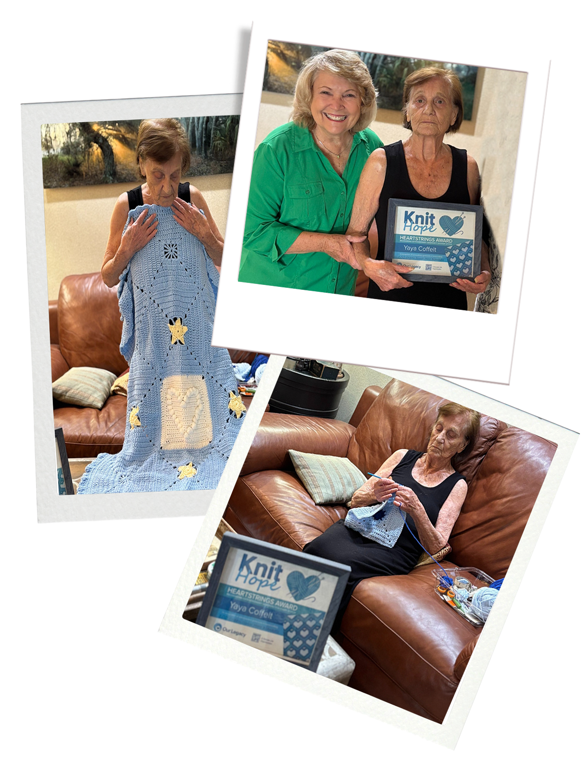 Collage of three photos featuring an elderly woman knitting, receiving an award, and holding her knitting while sitting on a leather couch.