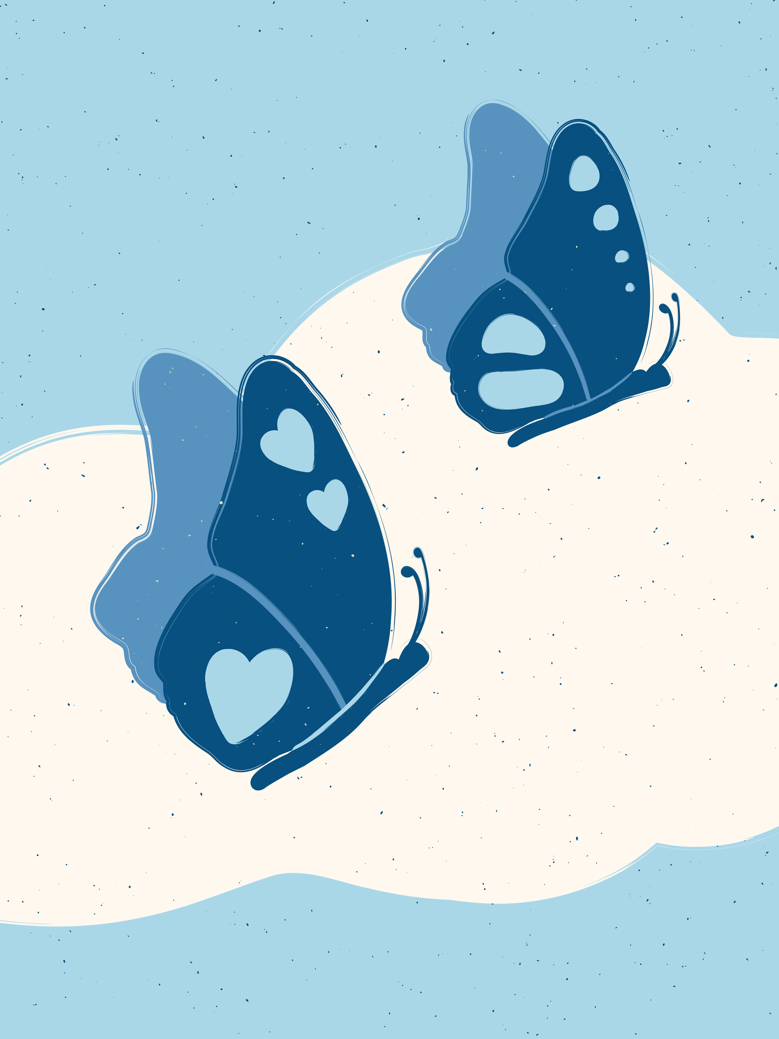 Digital illustration of two blue butterflies with heart-shaped patterns on their wings, perched on a white cloud against a light blue sky.