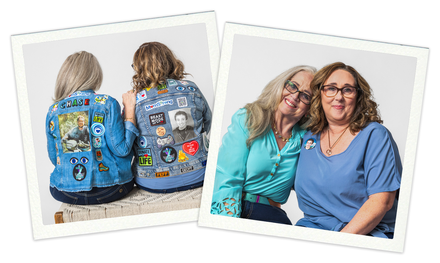 Two women in denim jackets with patches and pins, photographed from behind, and two women sitting together smiling, one wearing turquoise blouse and the other in blue scrubs.