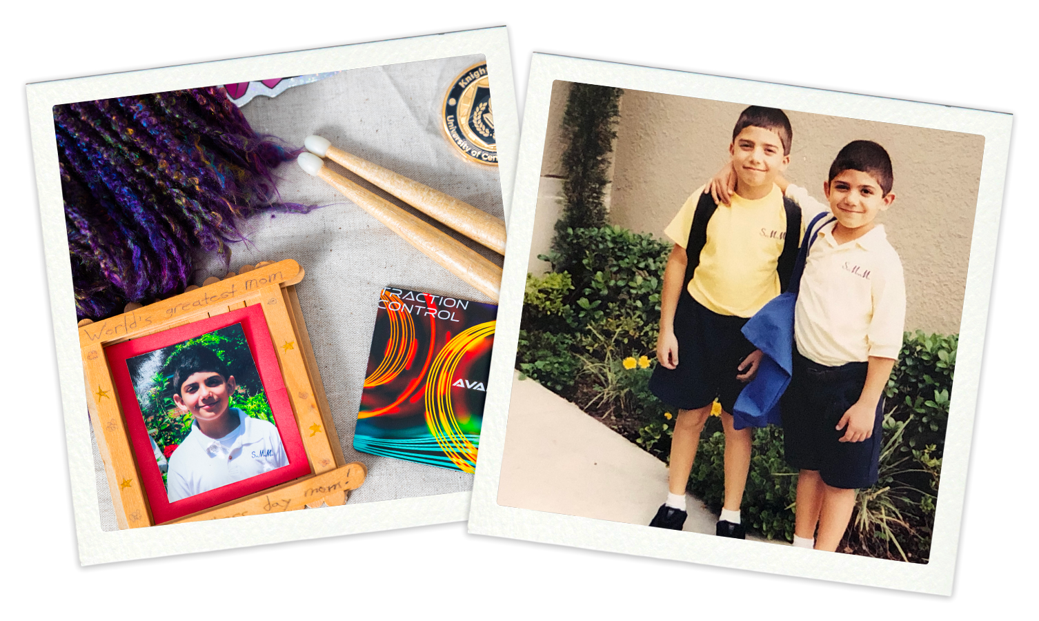 A framed photo of a young boy with dark hair, wearing a white polo shirt, and smiling, surrounded by a red border with the words "World's greatest mom" written on it. The photo is placed on a fabric surface with a purple yarn, a pair of wooden drumsticks, and a card reading "Action Control" nearby. A second photo shows two boys in school uniforms, one with his arm around the other's shoulder, standing outdoors in front of a beige wall and greenery, smiling at the camera.