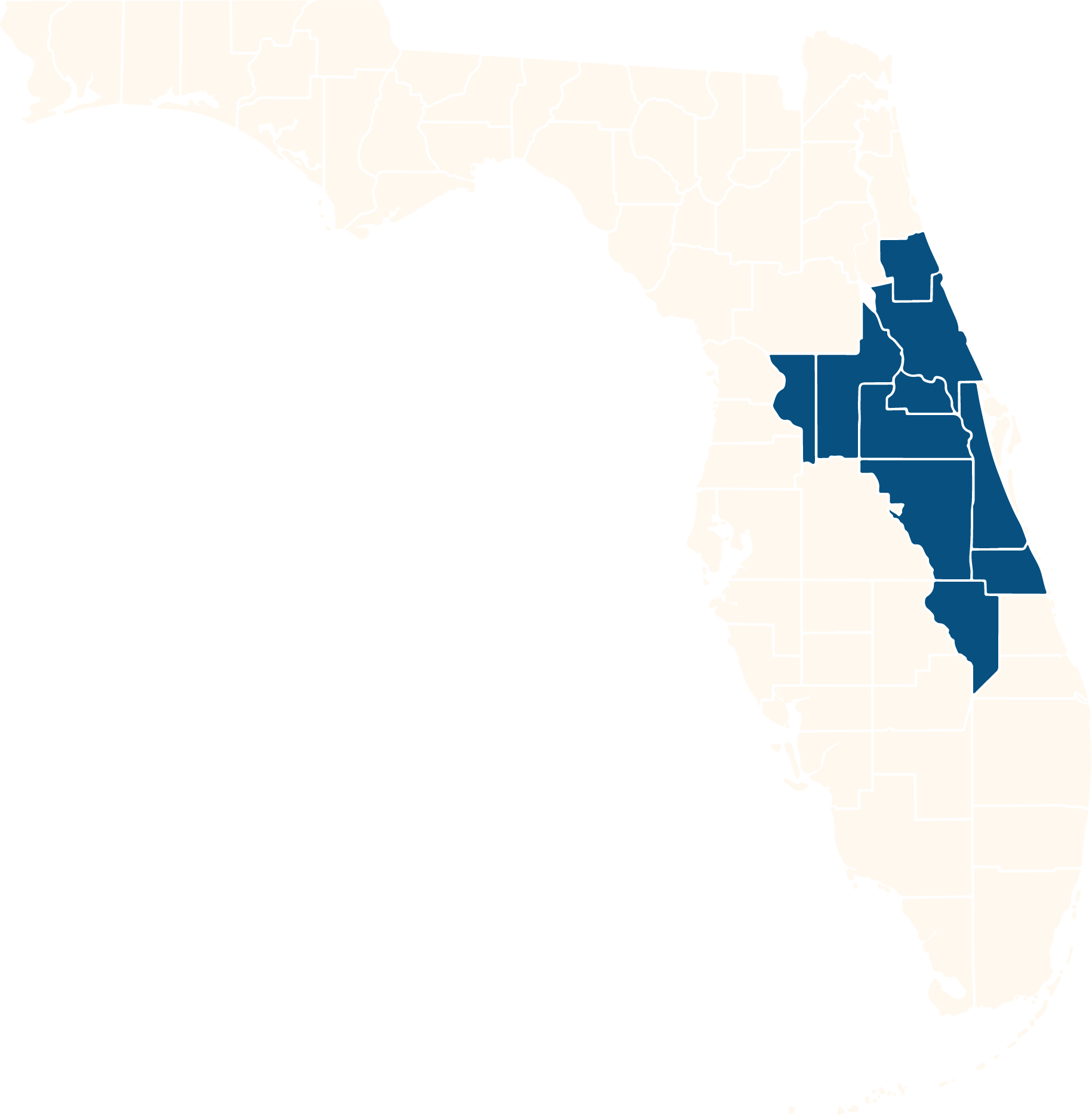 Map of Florida with some counties highlighted in blue.