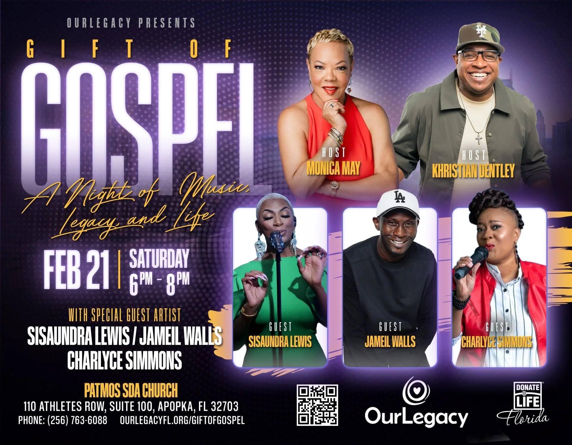 Event poster for 'Gift of Gospel,' a nighttime music event on February 21 from 6 PM to 8 PM, at Patmos SDA Church in Apopka, Florida. Features hosts Monica May and Khristian Dentley, with guest artists Sisaundra Lewis, Jameil Walls, and Charlyce Simmons. The poster includes photos of the hosts and guest artists, event details, location, and contact information, with a purple background and gold accents.