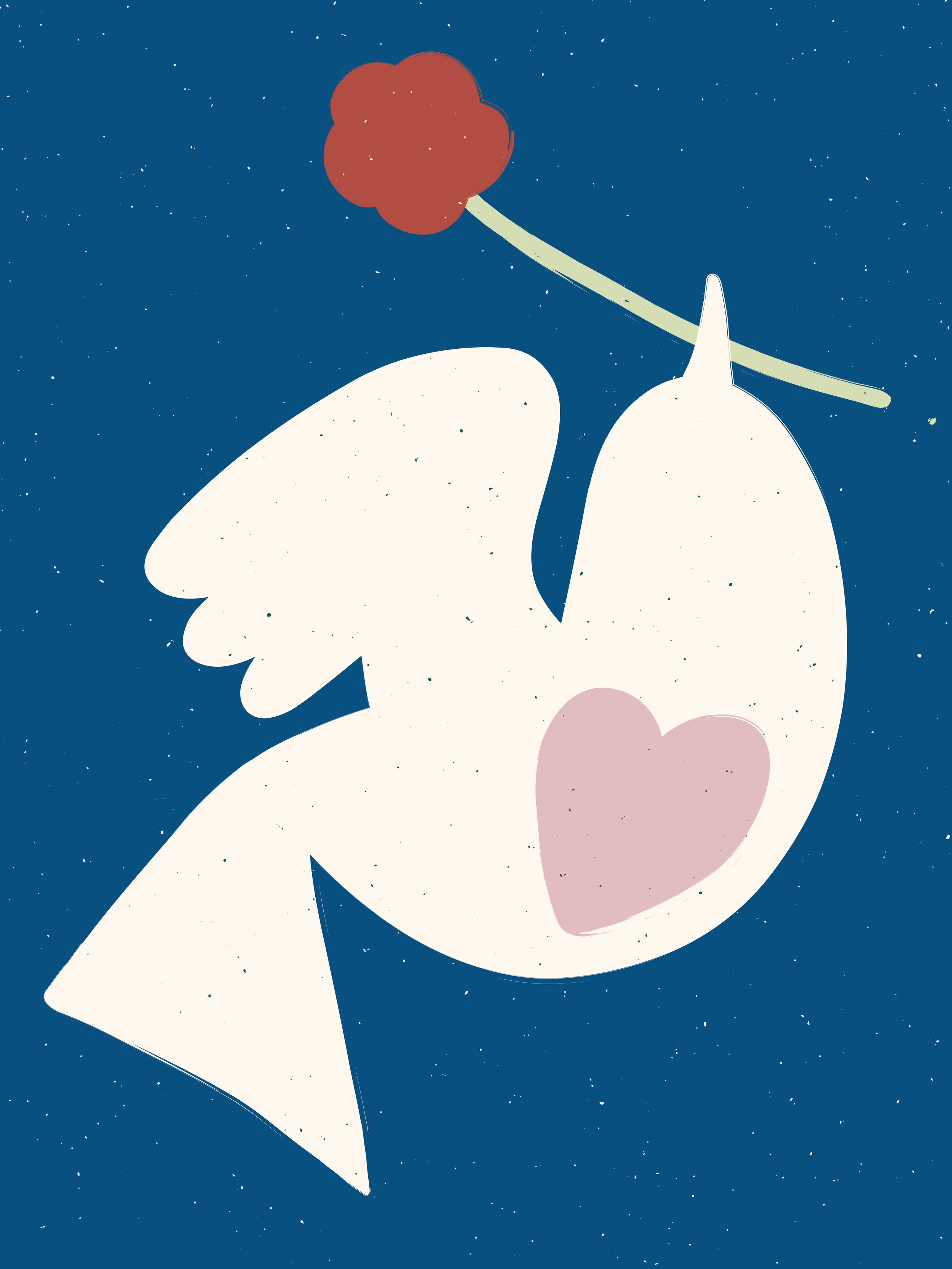 Illustration of a white dream cloud with a pink heart on it, floating in a starry night sky, holding a red flower with a green stem.