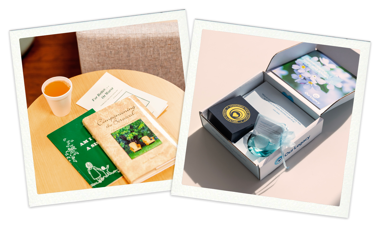 Two polaroid-style pictures showing books, brochures, a cup of tea, and an open box with a black and gold item and a ribboned glass item inside.