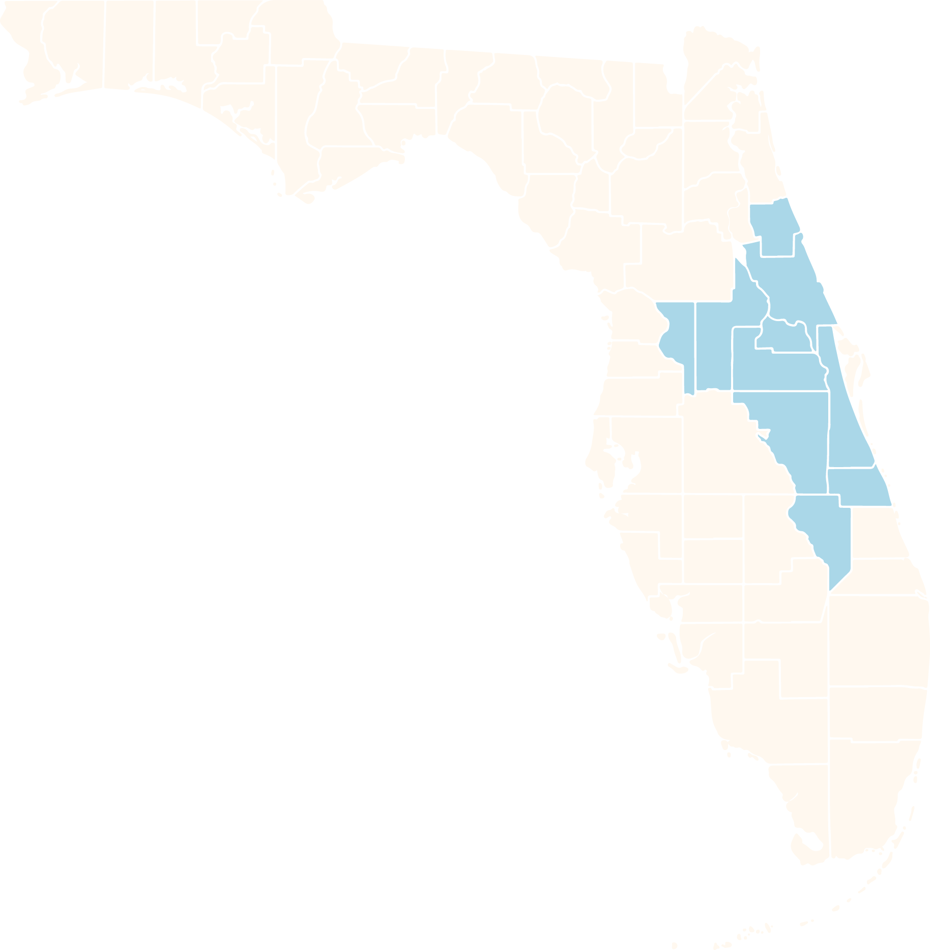 Map of Florida highlighting certain counties in blue.