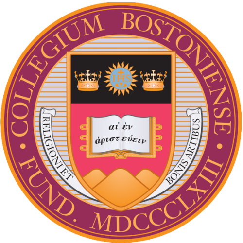 The emblem of Boston College features a purple and gold circular design with the text 'Boston College' and 'Fund MDCCCLXXVIII' around the edge. Inside, there is an open book with Latin text, two crowns above the book, a sun with a cross behind it, and a mountain landscape at the bottom.