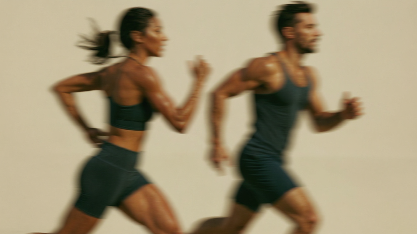 Two people running, a woman on the left and a man on the right, both in athletic clothing, captured in motion with blurred background.