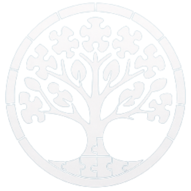 A circular logo featuring a stylized white tree with puzzle-piece leaves and a puzzle-piece trunk inside a circle. The background includes black, blue, yellow, and red puzzle-piece segments.