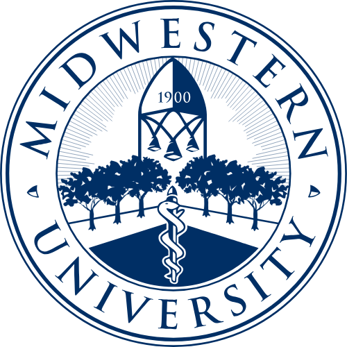 The logo of Midwestern University, featuring a circular design with a Caduceus symbol in the center, trees on either side, and the text 'Midwestern University' and '1900'.