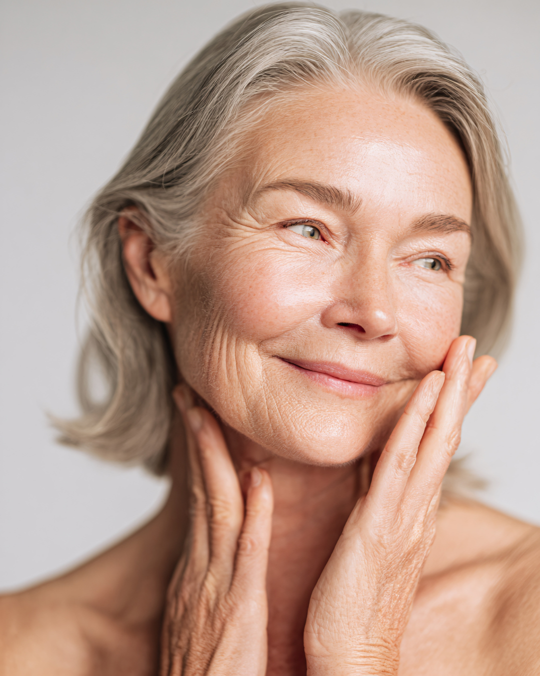 A mature woman with gray hair gently touching her face and neck, smiling softly, with smooth skin and visible wrinkles.