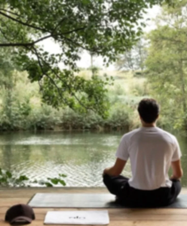 A person in a white shirt sitting cross-legged on a yoga mat outdoors, facing a lake surrounded by trees, with a cap and a notebook nearby.