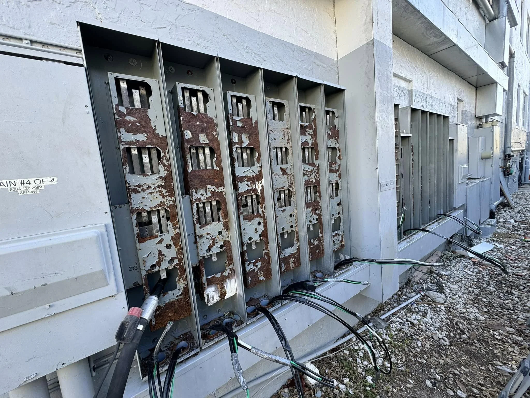 Electrical meters with rusted panels and exposed wiring on an outdoor building wall.