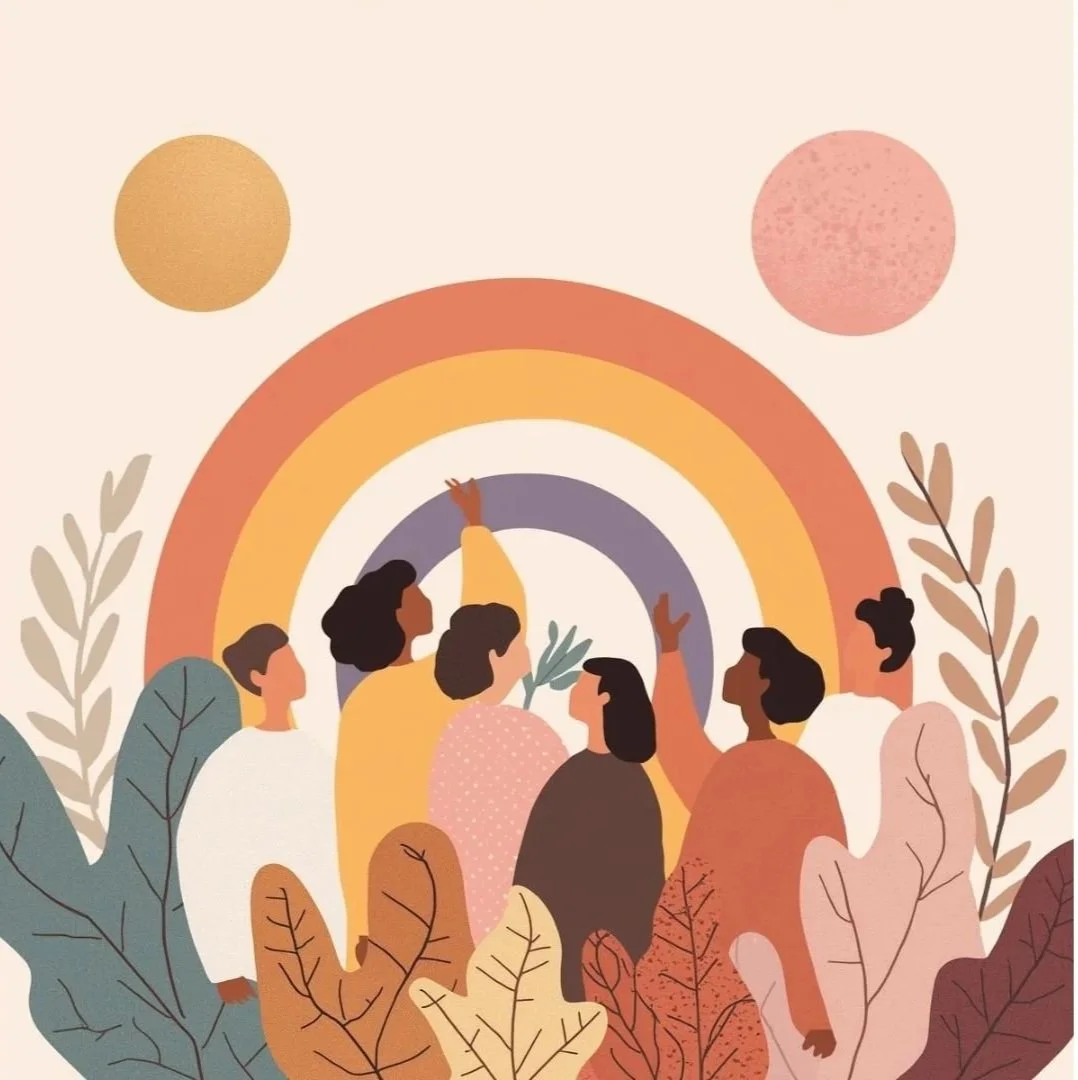 Abstract illustration of LGBTQ+ people facing a colorful rainbow for a queer trying to conceive therapy group