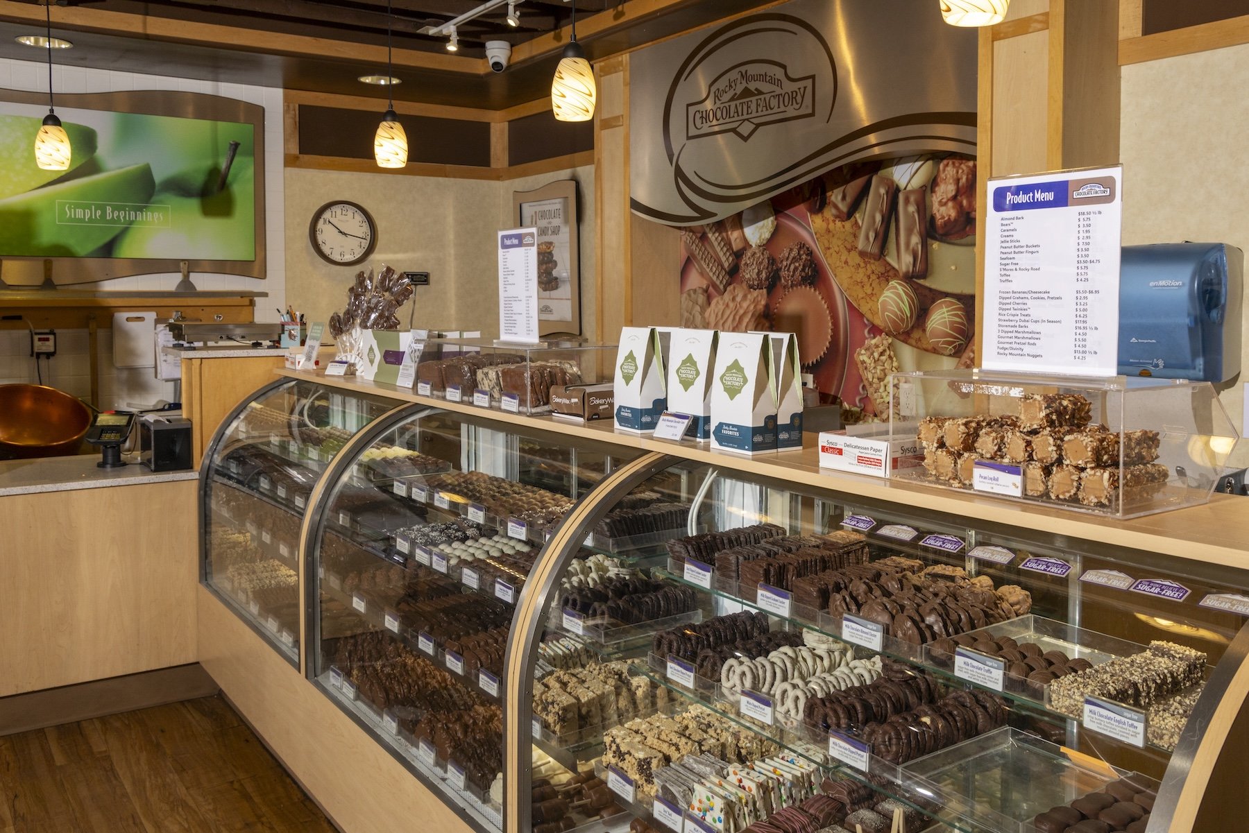 View of a chocolate shop display case.