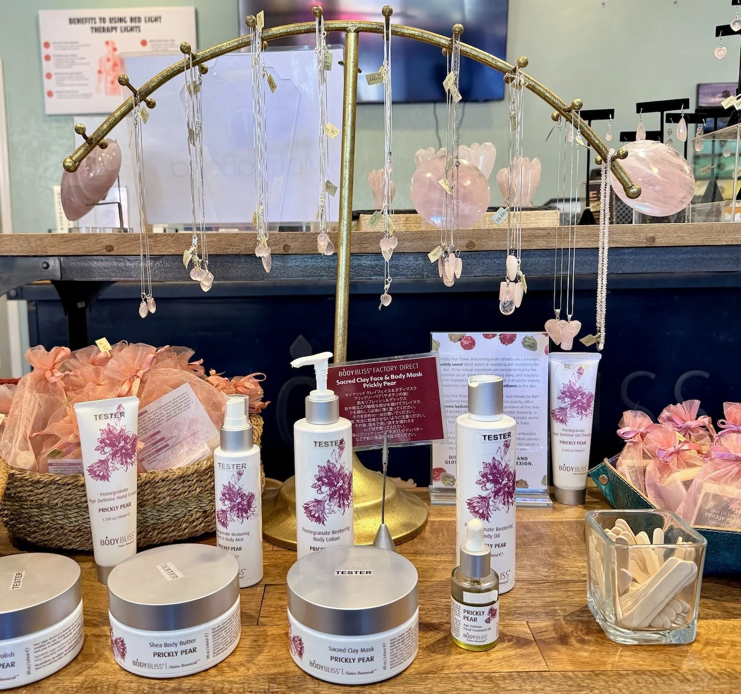 A table of bath products in a shop at the Sedona Center.