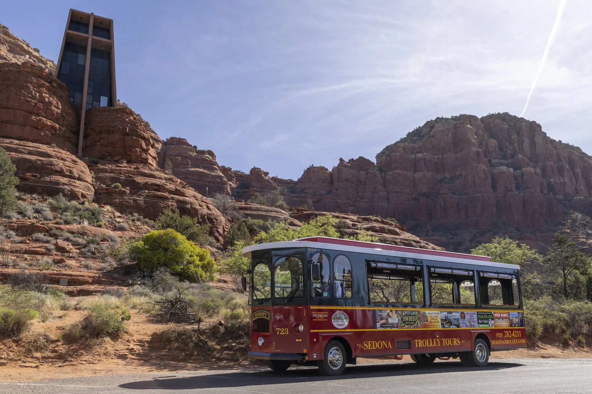 Sedona Trolley parks in front of the Chapel of the Holy Cross.