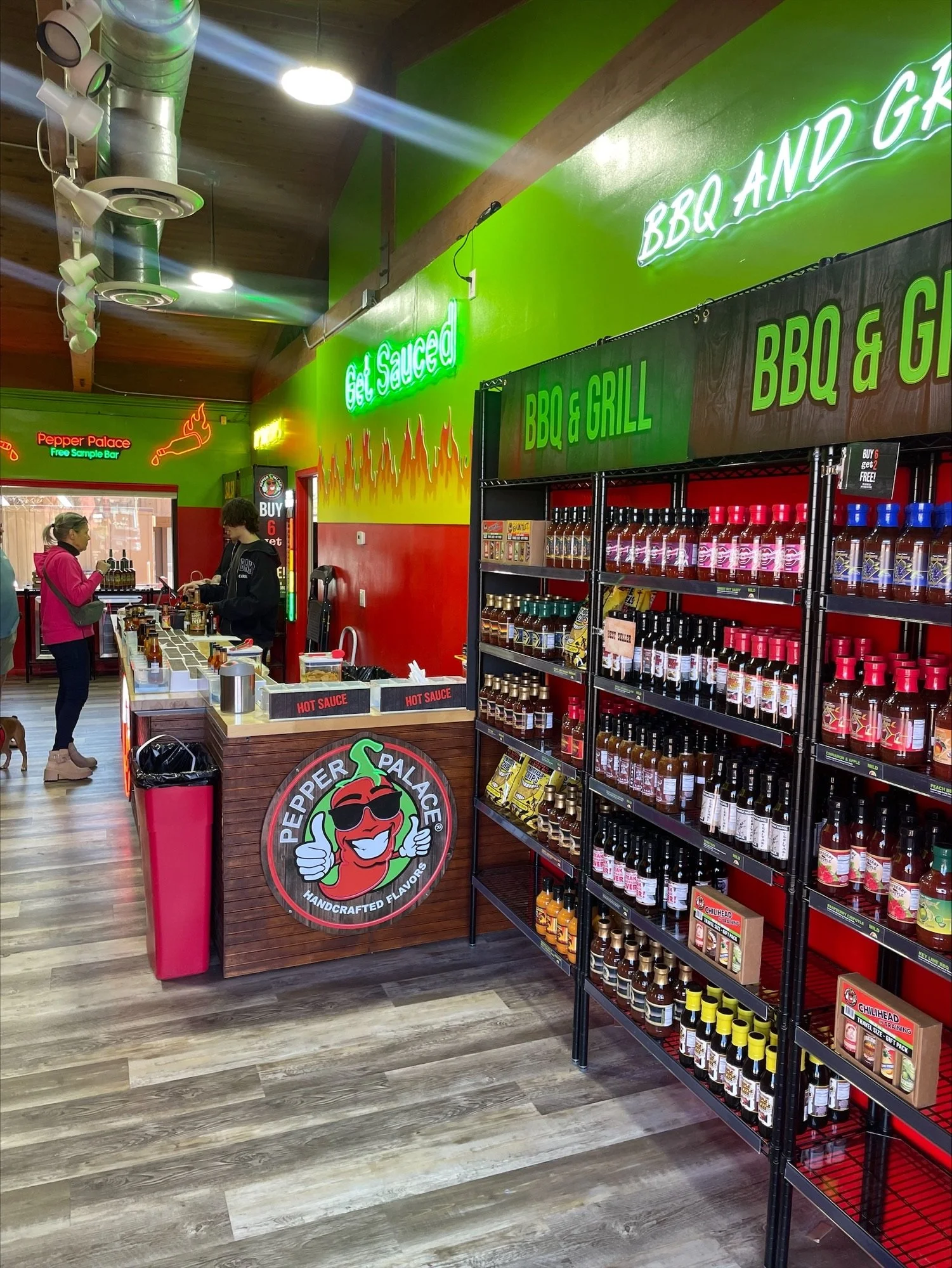 A display of hot sauces in a store at the Sedona Center.