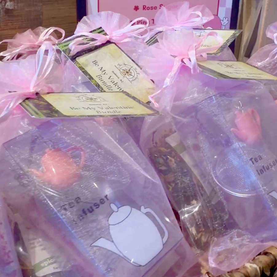 Valentine Tea Bundles include a strawberry tea, rose sugar and a pink tea infuser.