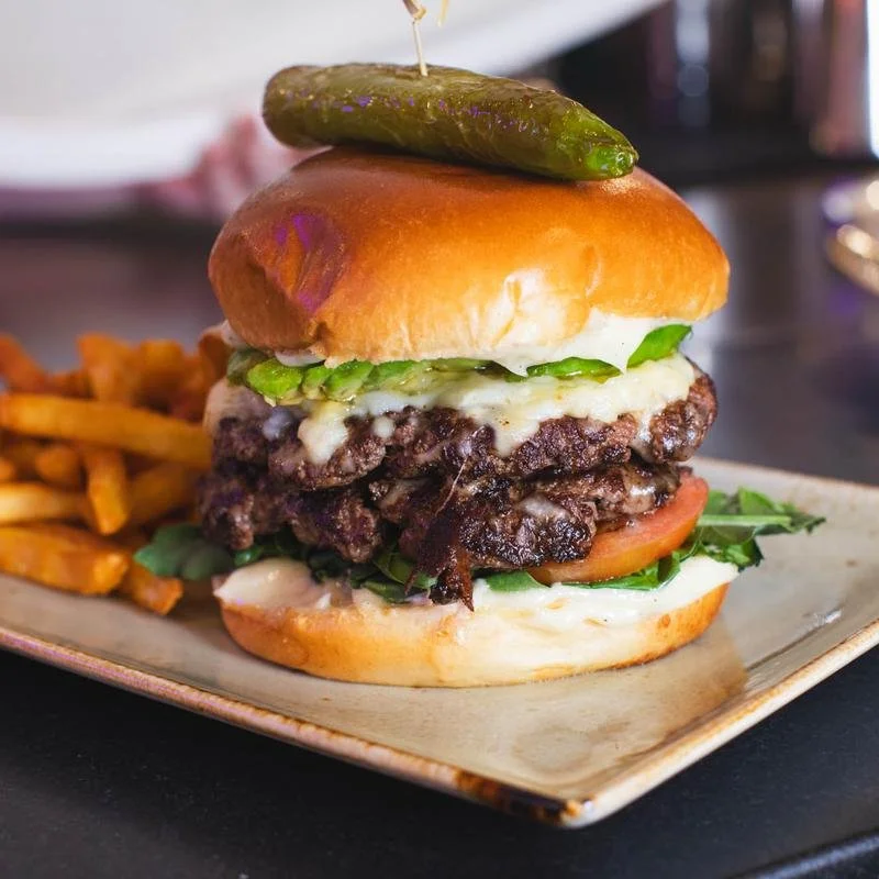 Close up of the Zorro Burger, a Southwestern burger at Don Diego
