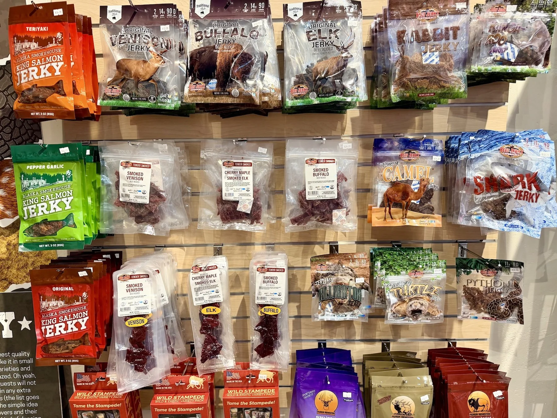 A display of packaged beef jerky at a shop in the Sedona Center.