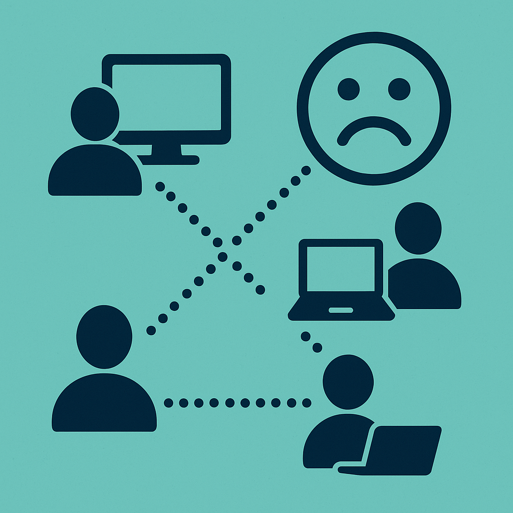 Icons depicting online communication, including a person at a computer, a sad face, and a person with a laptop, connected by dotted lines.